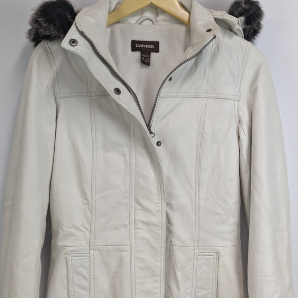 DANIER Leather Parka Insulated Coat, White Fur Trimmed, 50814, 2XS